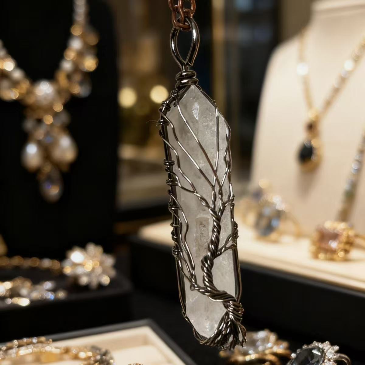 Tibetan-Inspired Tree of Life Wire-Wrapped Clear Quartz Pendant Necklace