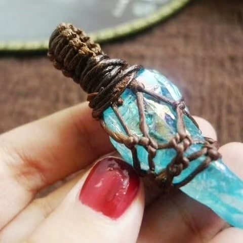 Tibetan Dharma Vibration Spiritual Alignment Natural Blue Quartz Himalayan Woven Pendant