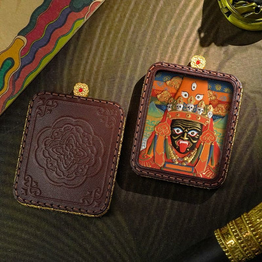 Tibetan Handmade Zashi Lhamo Thangka Amulet, Genuine Leather Buddhist Talisman, Spiritual Protection Pendant for Good Luck