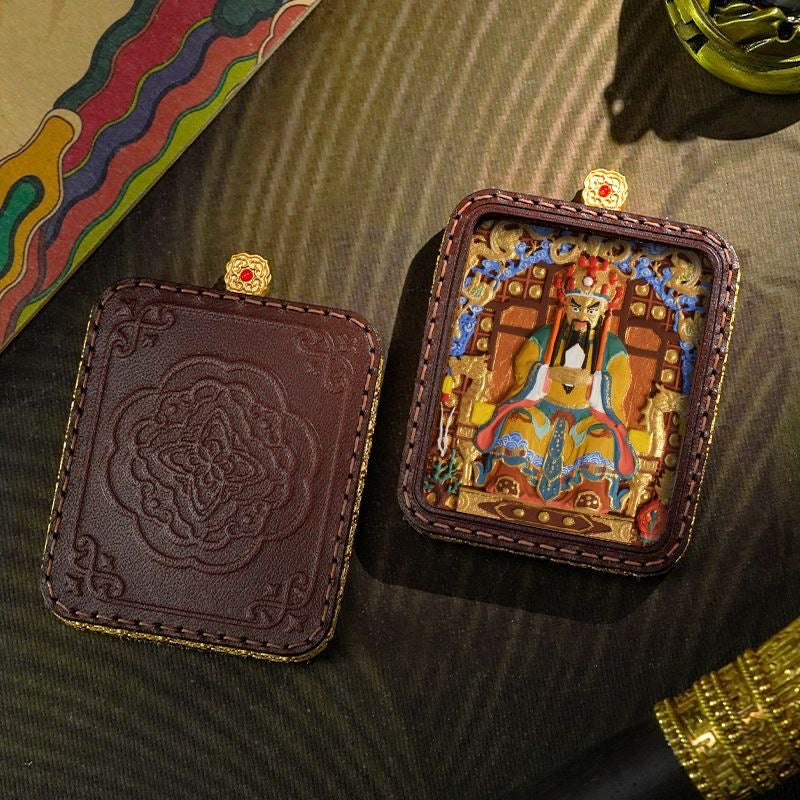 Tibetan Handmade Zashi Lhamo Thangka Amulet, Genuine Leather Buddhist Talisman, Spiritual Protection Pendant for Good Luck