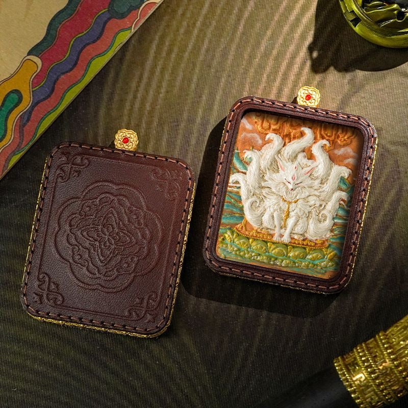 Tibetan Handmade Zashi Lhamo Thangka Amulet, Genuine Leather Buddhist Talisman, Spiritual Protection Pendant for Good Luck