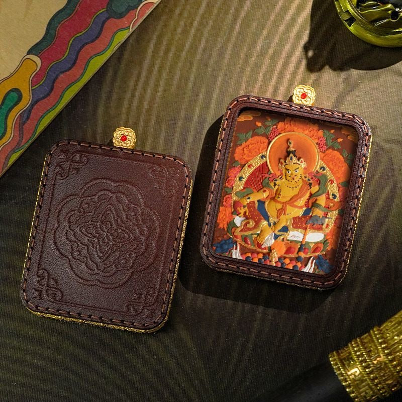 Tibetan Handmade Zashi Lhamo Thangka Amulet, Genuine Leather Buddhist Talisman, Spiritual Protection Pendant for Good Luck