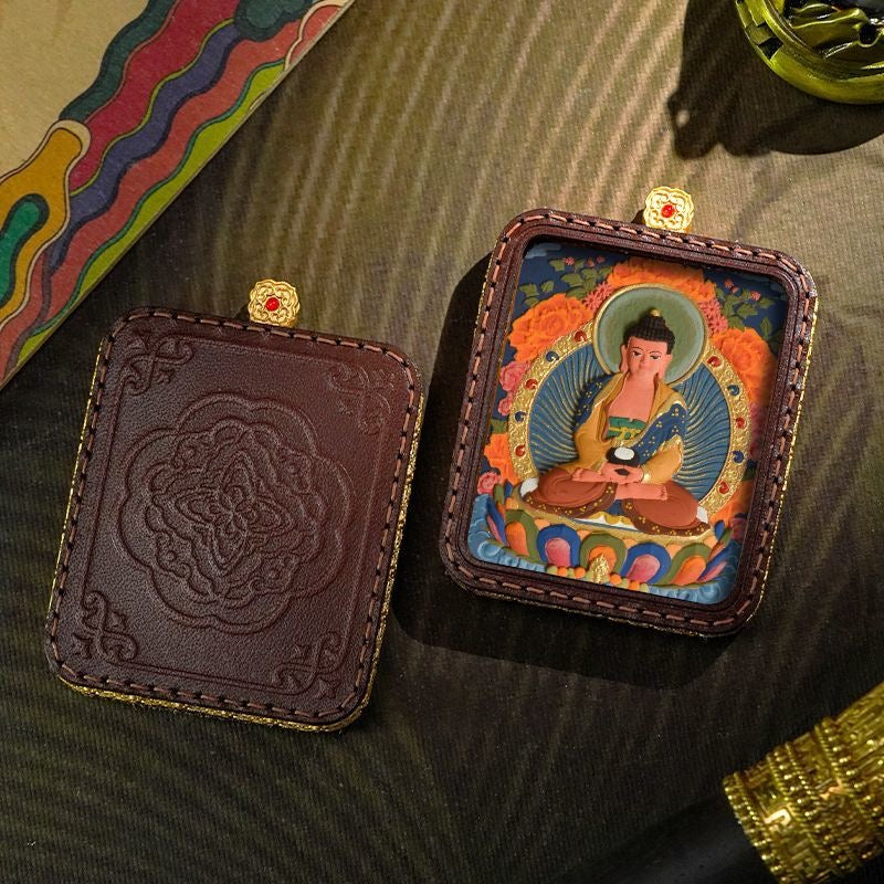 Tibetan Handmade Zashi Lhamo Thangka Amulet, Genuine Leather Buddhist Talisman, Spiritual Protection Pendant for Good Luck