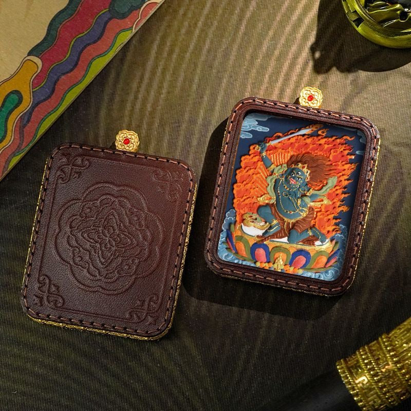 Tibetan Handmade Zashi Lhamo Thangka Amulet, Genuine Leather Buddhist Talisman, Spiritual Protection Pendant for Good Luck