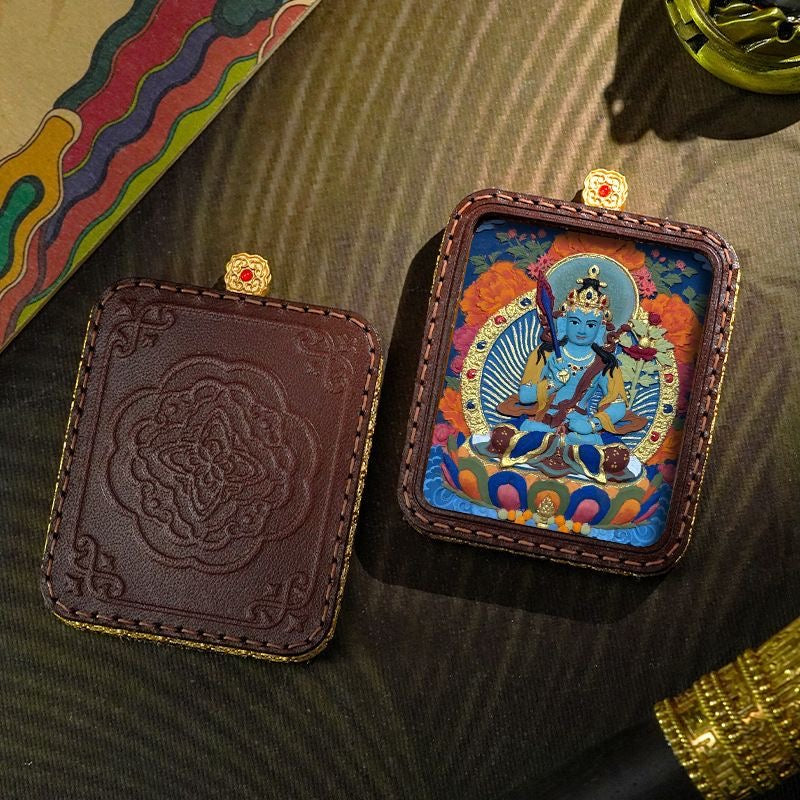 Tibetan Handmade Zashi Lhamo Thangka Amulet, Genuine Leather Buddhist Talisman, Spiritual Protection Pendant for Good Luck