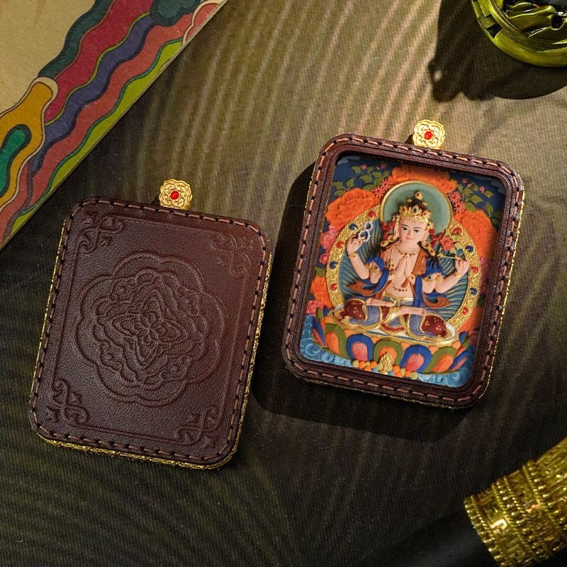 Tibetan Handmade Zashi Lhamo Thangka Amulet, Genuine Leather Buddhist Talisman, Spiritual Protection Pendant for Good Luck