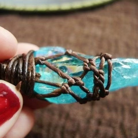 Tibetan Dharma Vibration Spiritual Alignment Natural Blue Quartz Himalayan Woven Pendant