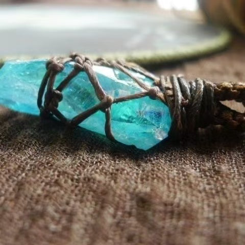 Tibetan Dharma Vibration Spiritual Alignment Natural Blue Quartz Himalayan Woven Pendant